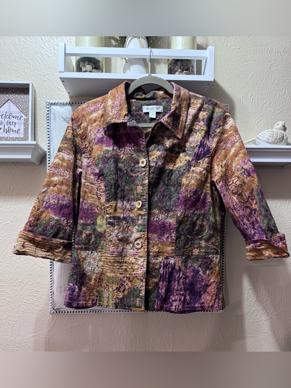 Fall Multicolor Patterned Women's Jacket - Purple/Green/Brown Sz XL Cotton